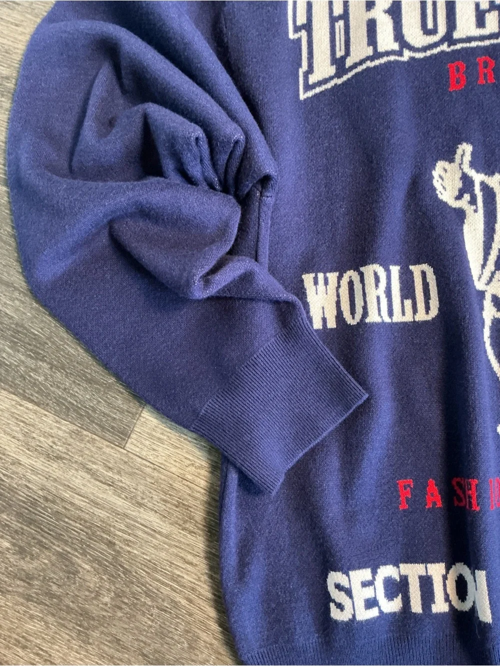True Religion Navy Crewneck Sweater with White and Red Graphic